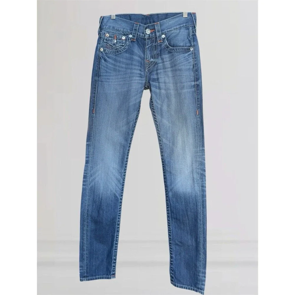 True Religion Skinny Flap Mesh Men’s W28 L34 Blue Jeans With Orange Embroidery